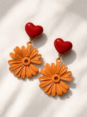 Red Heart Orange Flower Earrings Retro Floral Statement Dangle